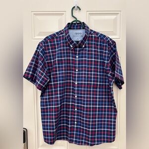 Izod Men's XL Navy & Red Plaid Button Down Shirt Short Sleeves